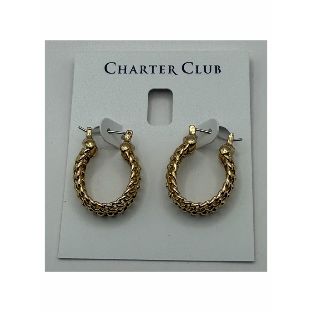 Charter Club Gold Tone Oval Patterned Hoop Earrings Wheat Chain Design